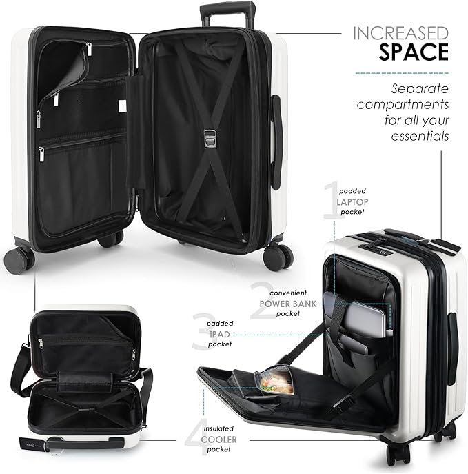 22 Inch Carry On Luggage 22x14x9 Airline Approved, Carry On Suitcase with Wheels, Hard-shell Carry-on Luggage, Durable Luggage Carry-On, White Small Suitcase with Cosmetic Case
