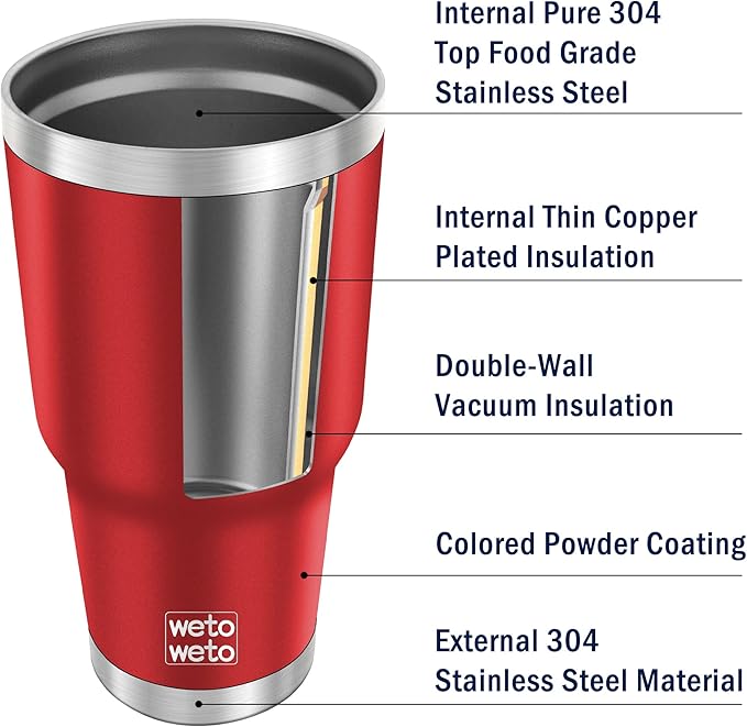 WETOWETO 30oz Insulated Tumbler With 2 Lids and 2 Straws, Stainless Steel Double Vacuum Coffee Tumbler Cup with handle, Powder Coated Travel Mug for Office, Travel(Harvest Red, 1 Pack)