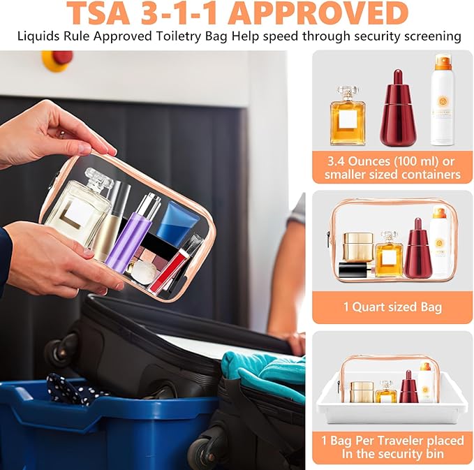 AURUZA 4 Pack Clear Toiletry Bag,Portable Travel Makeup Bags with Zipper, TSA Approved Clear Organizer Bags, PVC Cosmetic Pouch for Airport Airline Compliant (4 Packs Rose Pink)