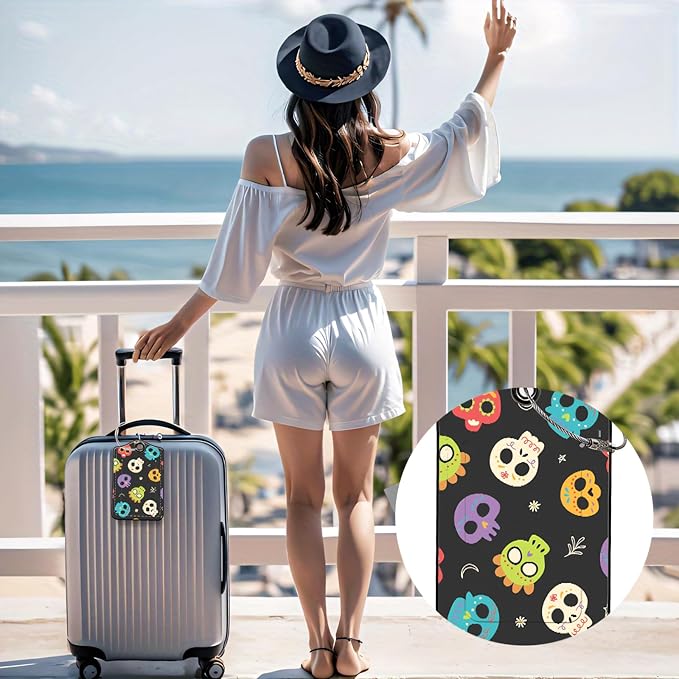 Luggage Tags for Suitcases, 2-Pack PU Leather for Cruise & Travel, Baggage ID Tags with Privacy Cover & Address Card, Durable Metal Ring, Kids Adults Travel Accessories, Sugar Skulls