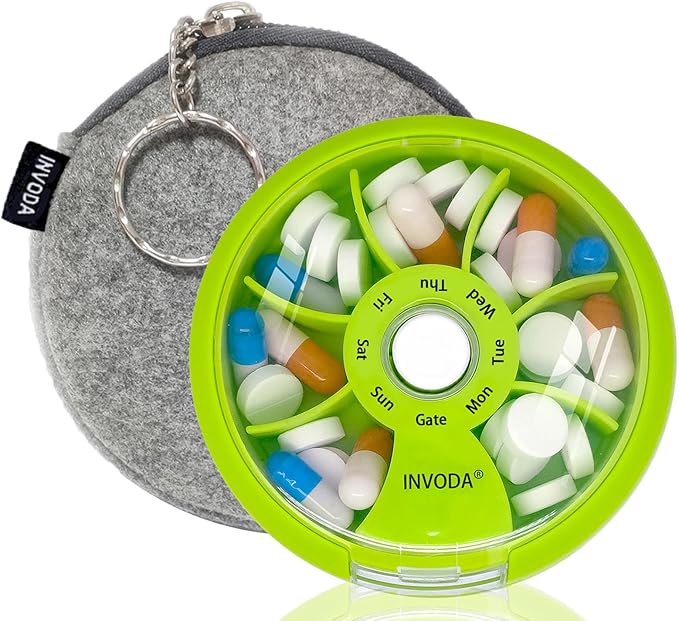 INVODA Weekly Pill Organizer 7 Compartment Rotating Pill Box for Daily Medication & Vitamins - Portable Travel Pill Case Fish Oil Supplements Vitamins Organizer (Green+Bag)