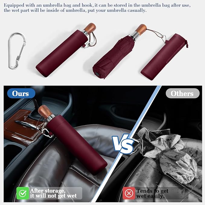 3T Wind Armor Travel Umbrella Compact Easy Auto Open Close Folding Umbrellas for Rain Windproof Umbrella for Women and Men Durable Real Wood Handle Portable Fits Backpack Car