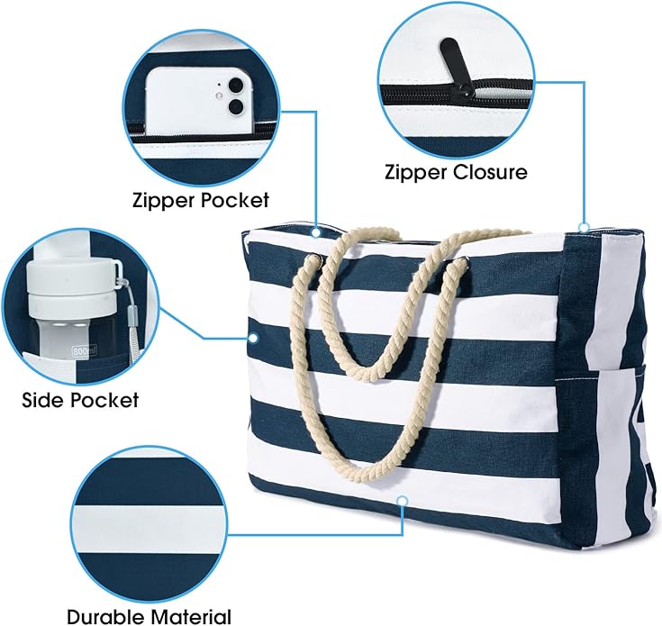 Becokan Beach Bags for Women Large Waterproof Beach Tote Bag Zipper Beach Bags Waterproof Sandproof Swim Pool Bag Large Tote