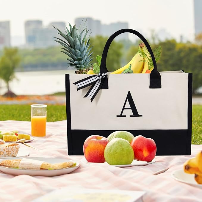 TOPDesign Embroidery Initial Canvas Tote Bag, Personalized Present Bag, Suitable for Wedding, Birthday, Beach, Holiday, is a Great Gift for Women, Mom, Teachers, Friends, Bridesmaids (Letter A)