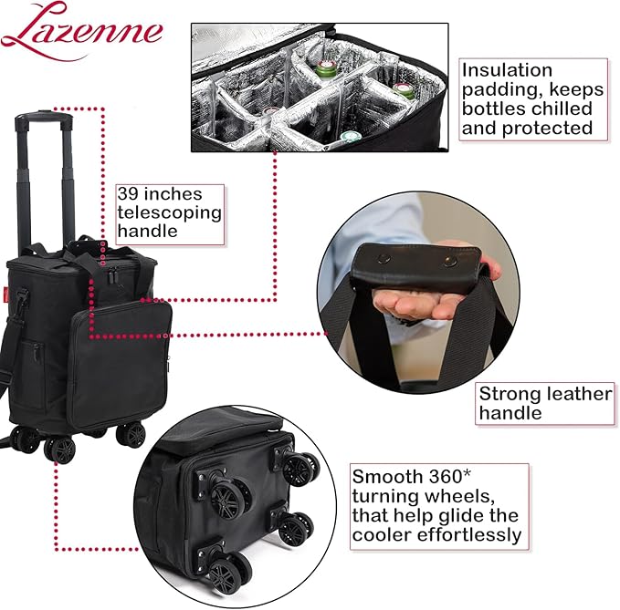 Wine Bags for Travel - 6 Bottle Wine Bag/Wine Carrier - Wine Luggage For Professionals and Consumers. 3-in-1 Wine Tote, Rolling Suitcase and Insulated Cooler Bag with Removable Dividers