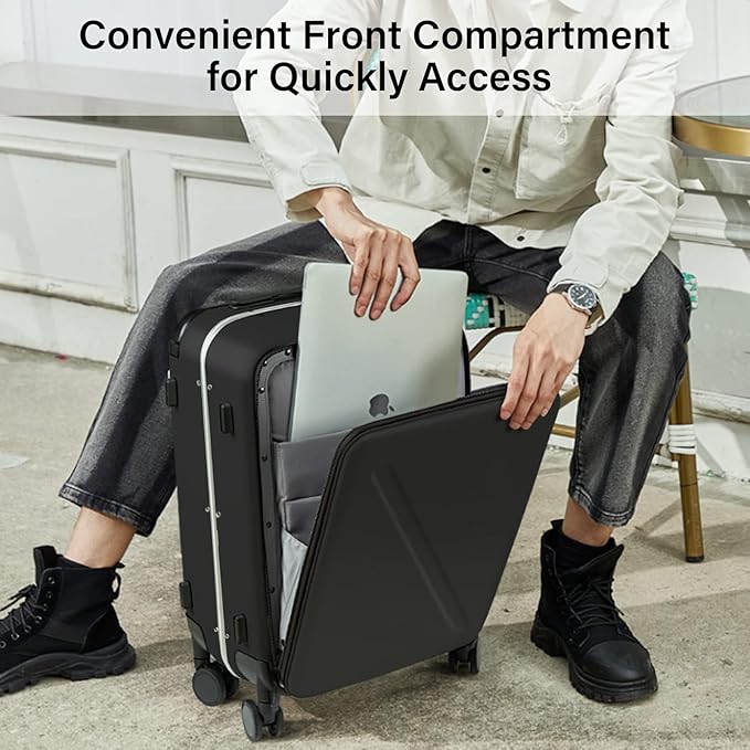 MILADA Wide Handle Luggage with Front Pocket Hardshell Aluminium Check In Suitcase with Wheels Medium 24 Inch Front Opening Checked Luggage with Spinner Wheels TSA Lock Airline Approved Luggage, Black