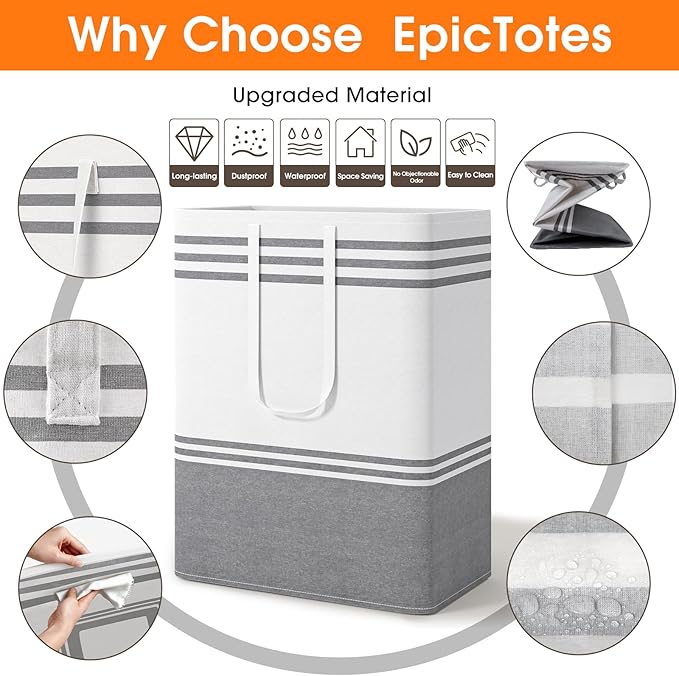 2 Pack Large Home Laundry Basket, Laundry Hamper, Freestanding Waterproof Dirty Clothes Bag, Tall Clothes Hamper - Extended & Reinforced Handles for College Dorm, Family (Light Grey/125L)