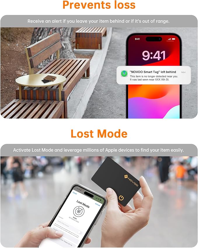 NOVOO Air Locator Tag (iOS Only) Wallet Tracker Card with Apple Find My, Smart Card Bluetooth Tracker, 6 Years Battery, IP68 Waterproof, Keys Finder and Item Locator for Keys, Bags, Passport(BK)