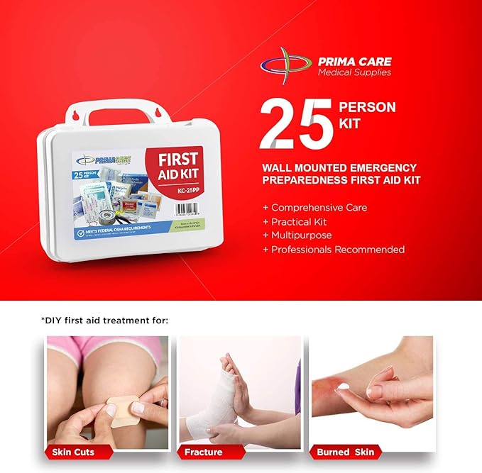Primacare 25 Person Medium Emergency Preparedness First Aid Kit for Home, School and Office, Wall Mounted White