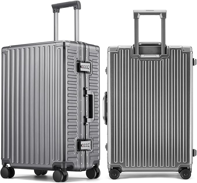 ROAMING Zipperless Luggage 24 Inch with Aluminum Frame, 3-Layer PC Trunk-Medium Lightweight Hard Shell Suitcase with Spinner Wheels, Metal Travel Luggage with Double TSA Locks, gray