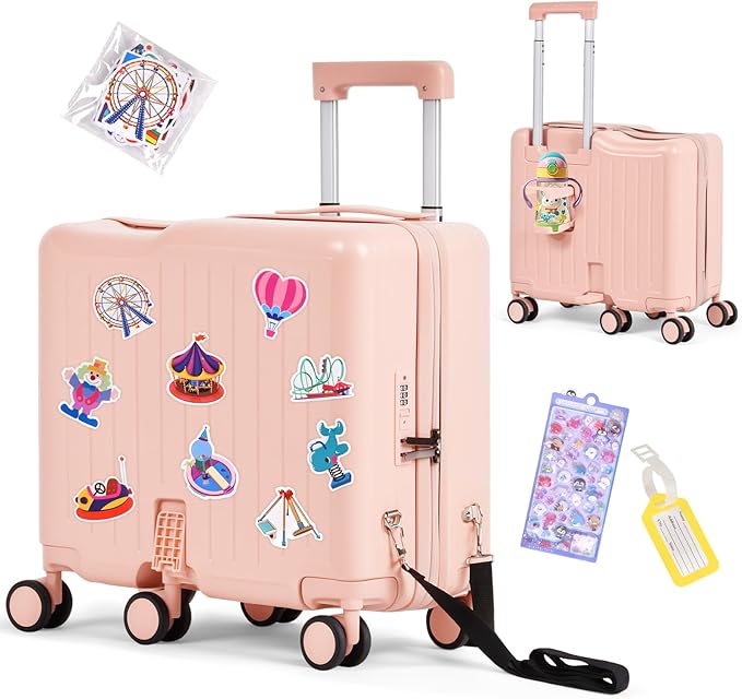 Kids Ride-On Luggage, 20" Hardshell Carry-On Suitcase with 6 Spinner Wheels, Foldable Pedal, Hidden Cup Holder & Combination Lock for Toddlers & Children (Pink, 20-inch)