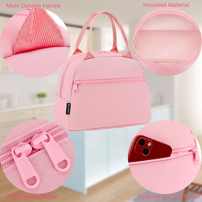 FlowFly Lunch Bag for Women Insulated Lunch Box Corduroy Lunch Tote Cooler for Travel Work Picnic, Pink