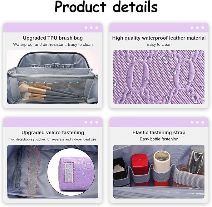 BOYATU Travel Makeup Bag for Women: Cosmetic Organizer Bag with Compartments - Leather Make up Bags Set of 3 (Purple)