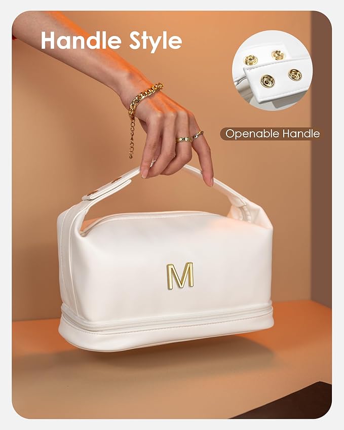 Monogrammed Gift for Women Girls, Initial Makeup Bag, Personalized Double Layer Cosmetic Bag with Makeup Brush Organizer, Large Capacity PU Leather Travel Toiletry Bag, Sister Gifts