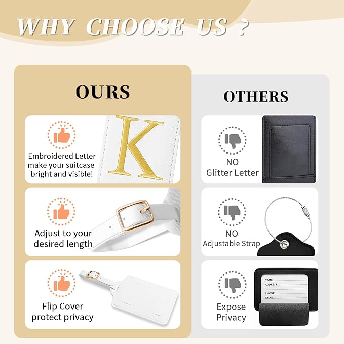 Personalized Initial Luggage Tags for Suitcase TSA Approved, White Leather Cute Luggage Tag with Privacy Cover Name Card, Embroidered Custom Luggage Tags Travel Baggage Tags Gifts for Women Kids(K)