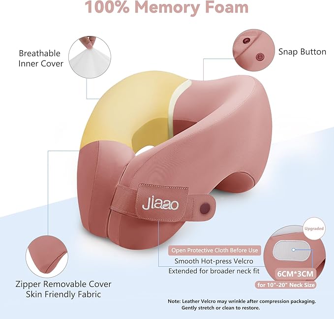 Neck Pillow Airplane, Advanced Neck Support for Long Flights, Ergonomic Memory Foam U Shape Pillows for Travel, Camping, Buses, Studying, Offices (Rose)