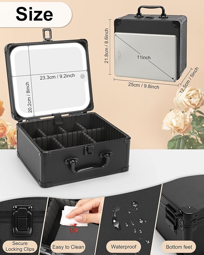 Makeup Box with LED Mirror, Makeup Bag with Light up Mirror& Adjustable Dividers Travel Make up Train Case Portable Cosmetic Organizer Case Waterproof Organizer Bag Gifts for Women and Girls