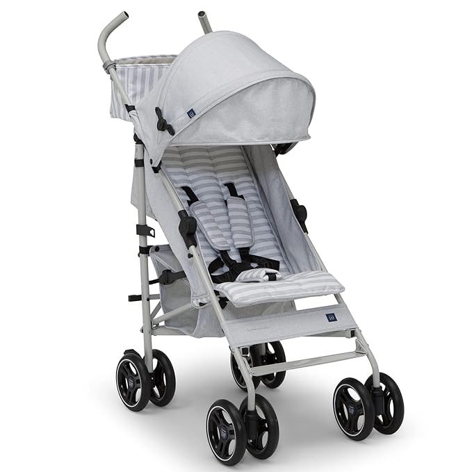 babyGap Classic Stroller - Lightweight Stroller with Recline, Compact Fold & Removable Parent Organizer - Made with Sustainable Materials, Grey Stripes