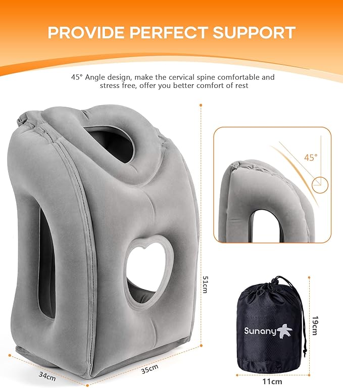 Sunany Travel Pillow, Upgraded Plane Pillow for Long Flights, Inflatable Neck Pillow Used for Airplanes,Cars,Buses,Trains,Office Napping with Eye Mask,Earplugs (Gray)