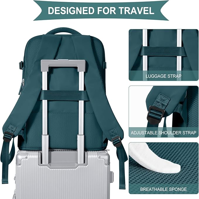 coowoz Large Travel Backpack For Women Men,Carry On Flight Approved,Hiking Waterproof Outdoor Sports Rucksack Casual Daypack Fit 15.6 Inch Laptop Shoes Compartment (Peacock Blue)