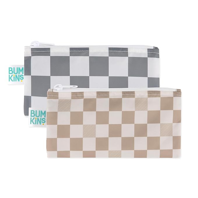 Bumkins Reusable Snack Bags, for Kids School Lunch and for Adults Portion, Washable Fabric, Waterproof Cloth Zip Bag, Supplies Travel Pouch, Food-Safe Storage, 2-pk Check