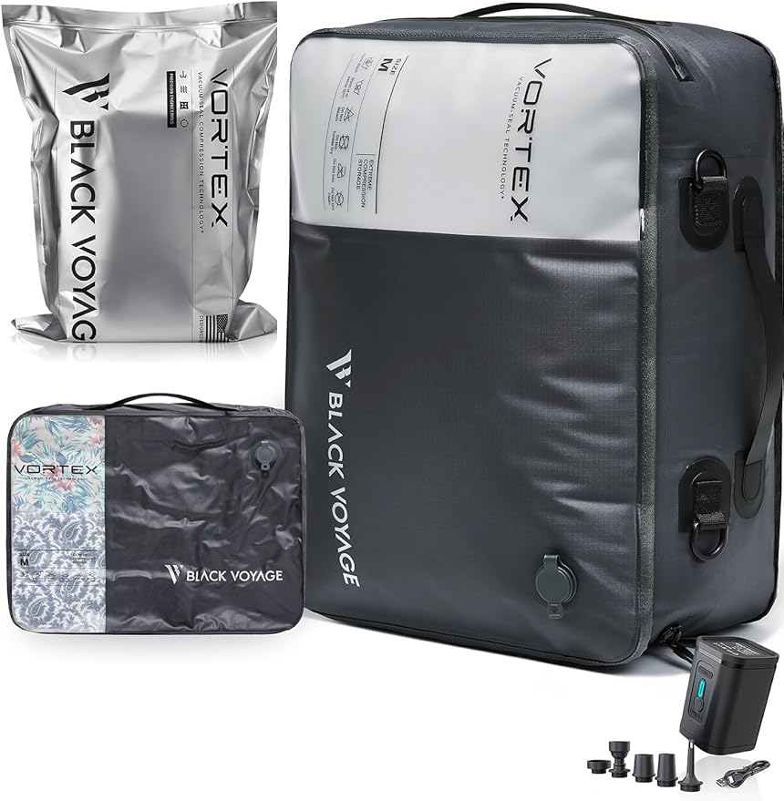 Black Voyage Reusable Vacuum Compression Travel Bag for Carry-On Suitcase and Backpack, Recycled IP67 Waterproof Space Saver Airback Vacpack (1-Pack, 21L - Pump Included)