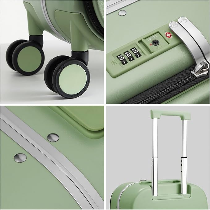 mixi Carry On Luggage, 20'' Suitcase with Front Laptop Pocket, Travel Rolling Luggage Aluminum Frame PC Hardside with Spinner Wheels & TSA Lock and Cover - Avocado Green