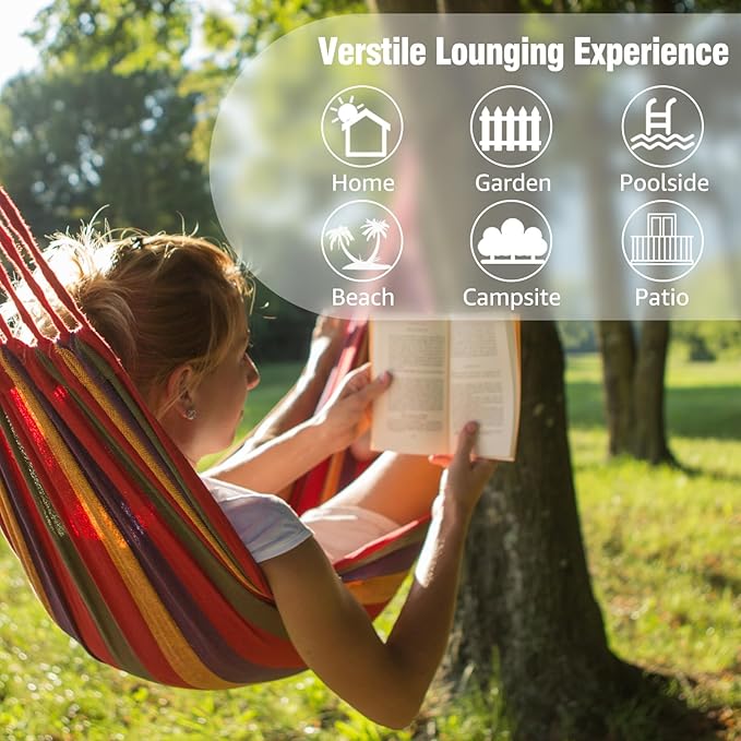 ANYOO Cotton Hammock Portable Camping Hammocks for Hanging Sturdy Garden Comfortable Fabric Hammock with Tree Straps Up to 660lbs with Travel Bag for Camping Outdoor/Indoor Patio Backyard