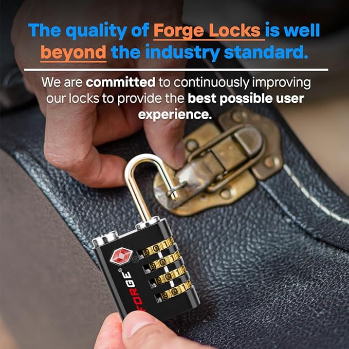 Forge Dual-Opening: Key or Combination Access Lock, TSA Approved Locks for Luggage, Pelican case, Travel, Gym, School, Stainless Steel Shackle. (Black, 4 Pk)
