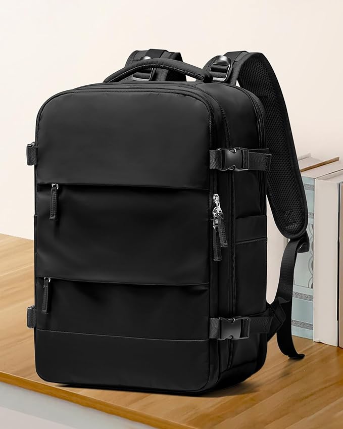 coowoz Large Travel Backpack For Women Men,Carry On Backpack Flight Approved,Hiking Backpack Waterproof Outdoor Sports Rucksack Casual Daypack Fit 15.6 Inch Laptop Shoes Compartment (Black)