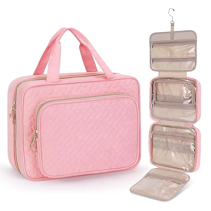 Wedama Toiletry Bag for Women, Large Cosmetic Travel Bag, Hanging Toiletry Bag for Bathroom, Thickened PVC Waterproof Travel Makeup Bag, Toiletries Bag for Travel Business Trips and Camping, Pink