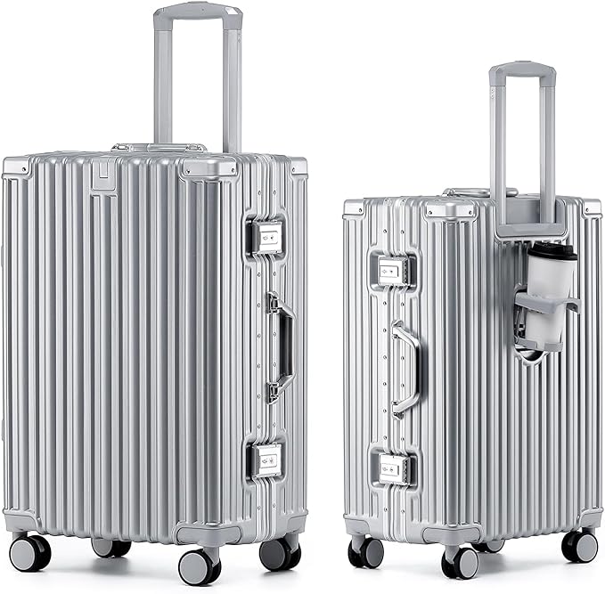 HotWay 26 Inch Aluminum Frame Luggage with Spinner Wheels, PC Hard Shell Suitcase with Cup Holder, Zipperless Luggage for Business Travel, Silver