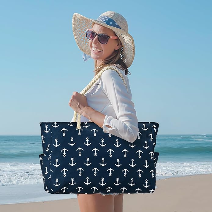 Becokan Beach Bag Large Beach Tote Bag for Women Waterproof Sandproof Swim Pool Bag With Zipper