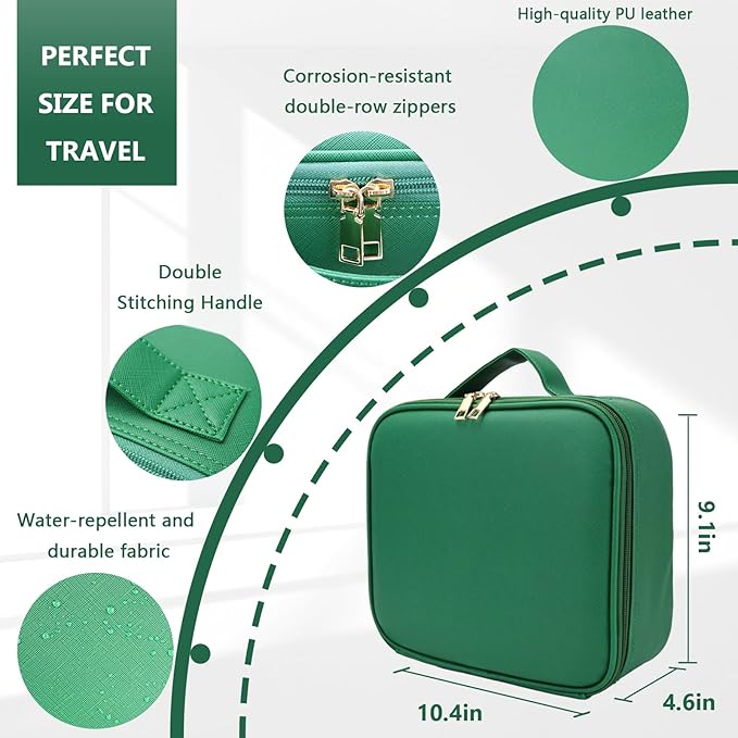 Travel Makeup Bag for Women and Makeup Artists Cosmetic Organizer Large Makeup Case,Travel Makeup Bag with Mirror 3 Color Setting,Portable Storage and Adjustable Dividers(Dark green)
