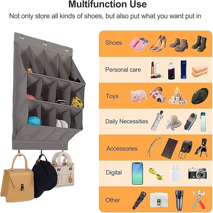 Over the Door Shoe Organizer, Grey 12 Pockets Hanging Shoe Storage Rack with Large Deep Pockets, Oxford 600D Fabric Shoe Storage Rack with 6 hook for Shoes, Home Accessories etc
