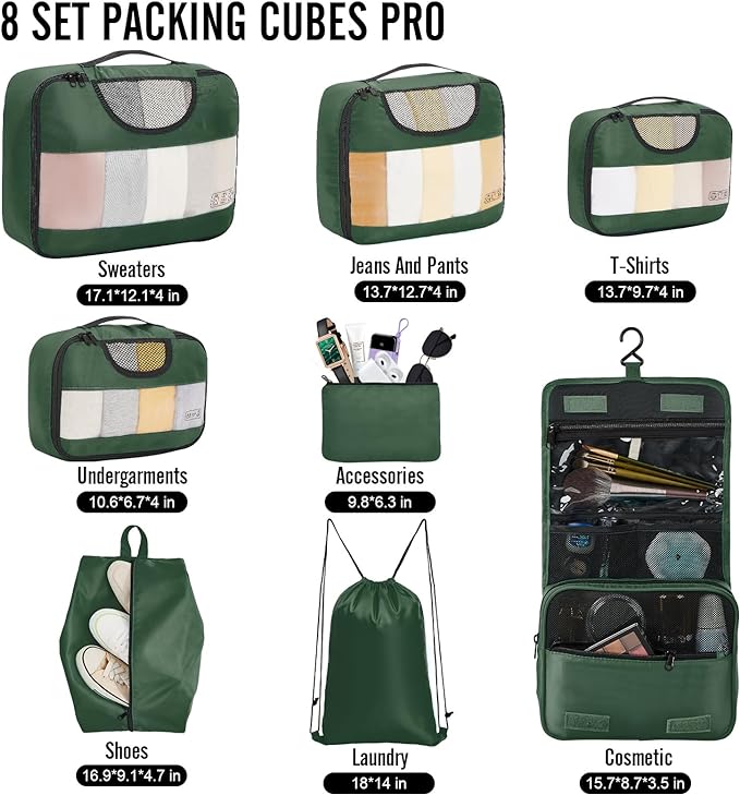 Veken 8 Set Packing Cubes for Travel Essentials, Suitcase Organizer Bags in 4 Sizes, Carry-On Luggage Accessories with Large Laundry & Hanging Toiletry Bag, Must-Have for Airplane, Road Trip & Camping