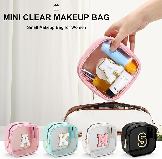 YOOLIFE Initial Makeup Bag Travel Toiletry Bag, Clear Makeup Bag Car Accessories For Women Clear Makeup Bags With Zipper Girlfriend Teacher 13 Year Old Girl Gifts Daughter Girl Gifts Mini Black M