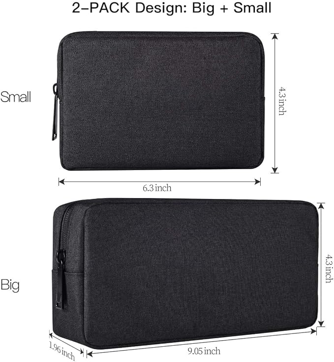 imComor Universal Electronics Accessories Case, 2-Pack Portable Soft Carrying Case Bag Wire Cable Organizer for Hard Drive, Power Adapter, Laptop Mouse, Cosmetics Kit, Small+Big-Black