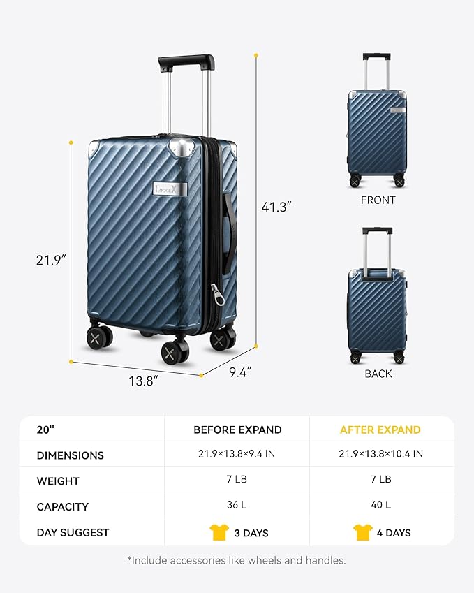 LUGGEX Luggage with Spinner Wheels, Polycarbonate Expandable Hard Shell Suitcase, Carry On 20 Inch, Silver