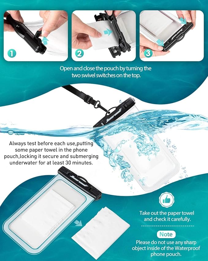 Hiearcool Waterproof Phone Pouch, Water Proof Phone Case for iPhone, Waterproof Cell Phone Dry Bag for Cruise Travel Vacation Essentials Large Waterproof Phone Holder 4 Pack-Black&Clear