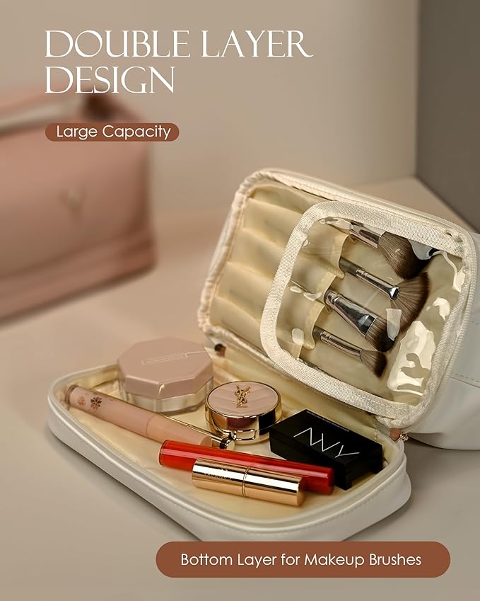 Gifts for 9 10 11 12 13 14 15 16 17 18 19 Year Old Girls, Travel Makeup Bag with Handle, Initial Double Layer Cosmetic Bag with Makeup Brush Organizer, Gifts for Friends Female Mom