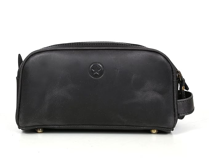 10" Premium Leather Toiletry Travel Pouch With Waterproof Lining Black Color | King-Size Handcrafted Vintage Dopp - Kit ~ Gift for Father's Day By Aaron Leather Goods