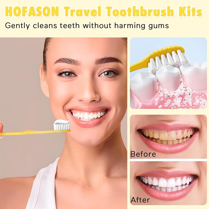 HOFASON Disposable Toothbrushes with Toothpaste Pack of 100, Yellow Hollow Travel Toothbrush Set with 5g Toothpaste Individually Wrapped Toothpaste Bulk for Homeless, Nursing Home, Shelter, Hotel
