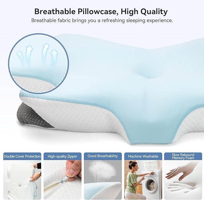 Cervical Neck Pillow for Pain Relief- Memory Foam Orthopedic Pillow, Ergonomic Contour Pillows for Side/Back/Stomach Sleepers, Adjustable Height with Breathable Pillowcase(Grey)