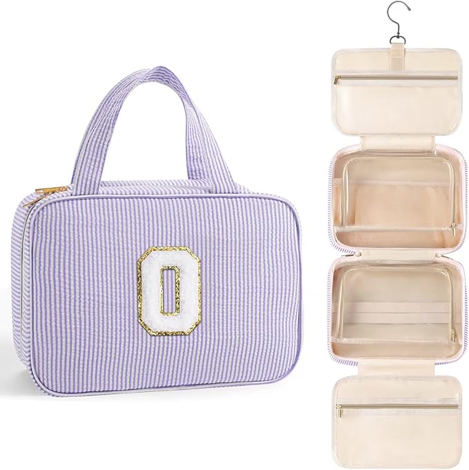 TOPEAST Travel Toiletry Bag for Women - Hanging Toiletry Bag Makeup Bag, Portable Toiletries Cosmetic Bag, Airplane Travel Essentials - Letter O, Purple