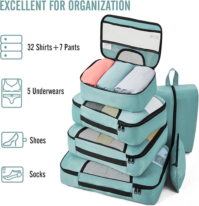 Veken 8 Set Packing Cubes for Travel Essentials, Suitcase Organizer Bags in 4 Sizes, Carry-On Luggage Accessories with Large Laundry & Hanging Toiletry Bag, Must-Have for Airplane, Road Trip & Camping