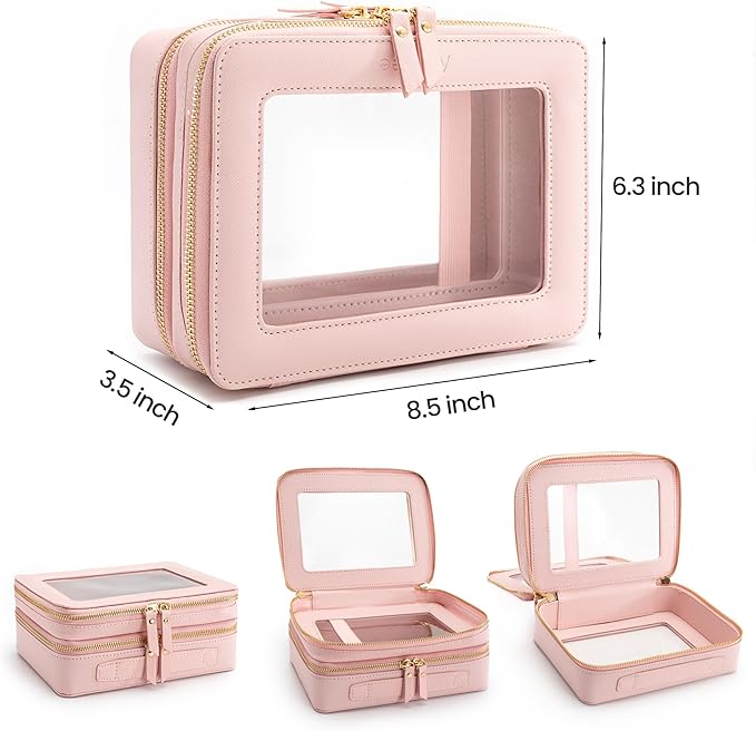 Aveniee XL Clear Makeup Organizer,Double Layer Travel Cosmetic Case with Brush Holder & Zippered Compartments, Large Toiletry Bag Train Case for Women.2 Layers, Pink