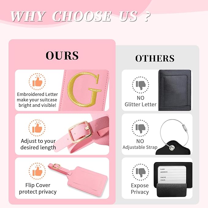 Personalized Initial Luggage Tags for Suitcase, Pink Leather Cute Luggage Tags with Privacy Cover Name Card, Embroidered Custom Monogrammed Luggage Tag Travel Bag Baggage Tags Gifts for Women Kids(G)