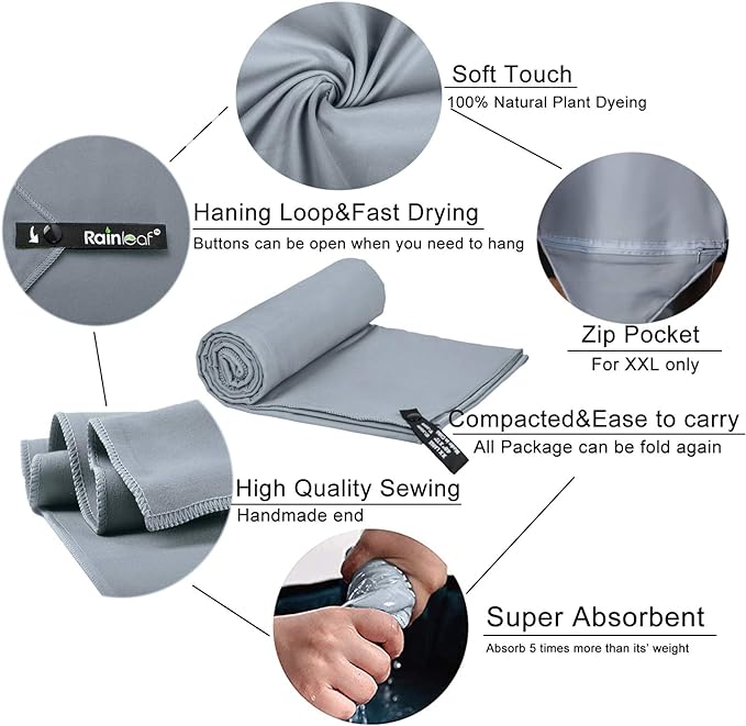 Rainleaf Microfiber Towel Perfect Travel & Gym & Camping Towel. Quick Dry - Super Absorbent - Ultra Compact - Lightweight. Suitable for Trip, Beach, Shower, Backpacking, Pool