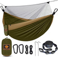 Camping Hammock with Net,Portable Lightweight Double Hammocks with Tree Straps and Solid D-Shape Carabiners,Parachute Nylon Hammock for Backpacking Beach Backyard Patio Hiking Green&Khaki